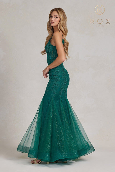 Nox Anabel P1170's Mermaid Gown with Applique and V-Neckline