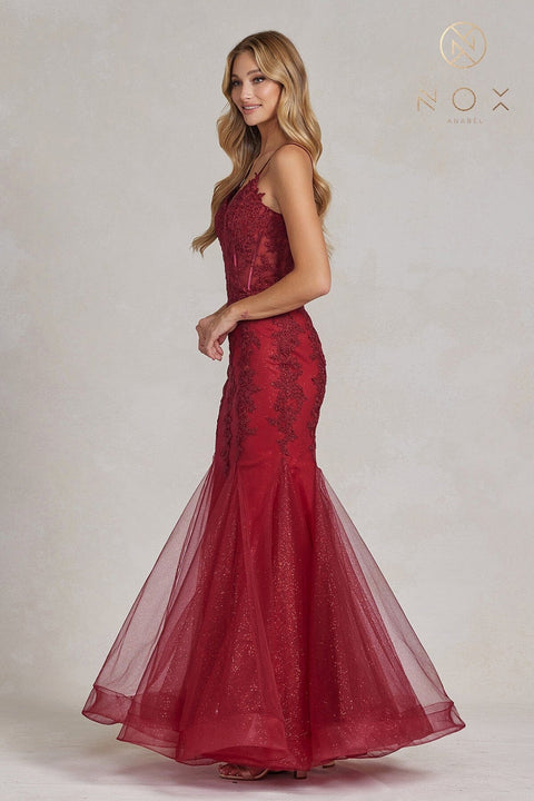 Nox Anabel P1170's Mermaid Gown with Applique and V-Neckline