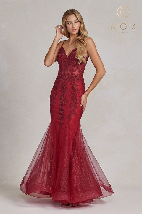 Nox Anabel P1170's Mermaid Gown with Applique and V-Neckline
