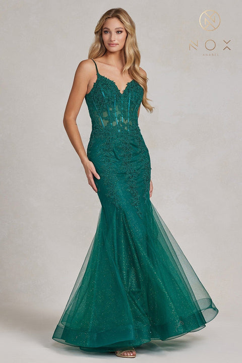 Nox Anabel P1170's Mermaid Gown with Applique and V-Neckline