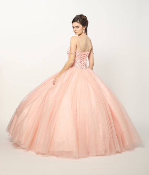 Juliet 1419's Glitter Ball Gown with Beaded Sleeveless Detail