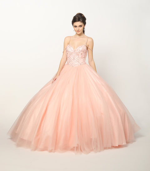 Juliet 1419's Glitter Ball Gown with Beaded Sleeveless Detail