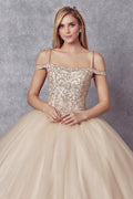 Cold Shoulder Beaded Ball Gown by Juliet 1426