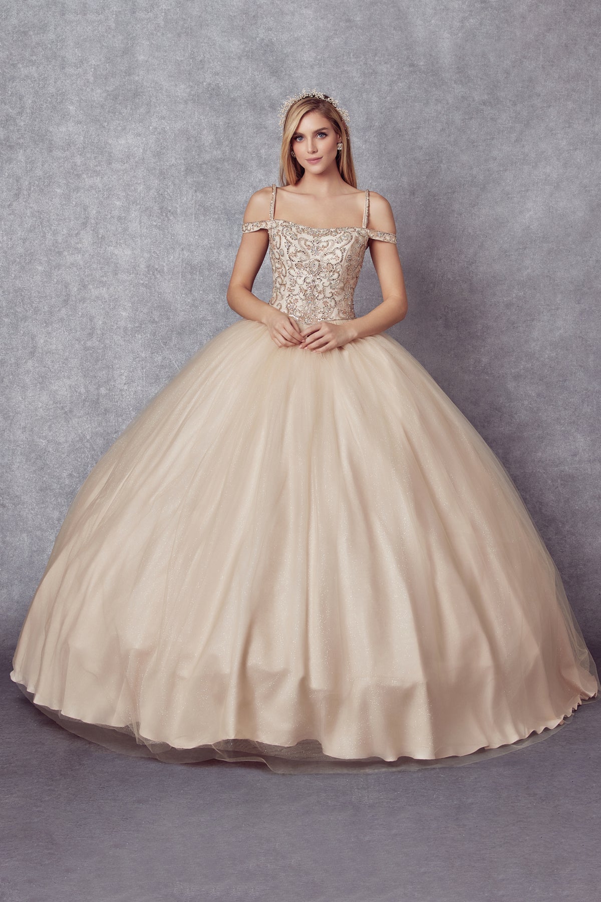 beaded cold shoulder dress MNM Couture M1144 - Long Tulle Sheath Dress