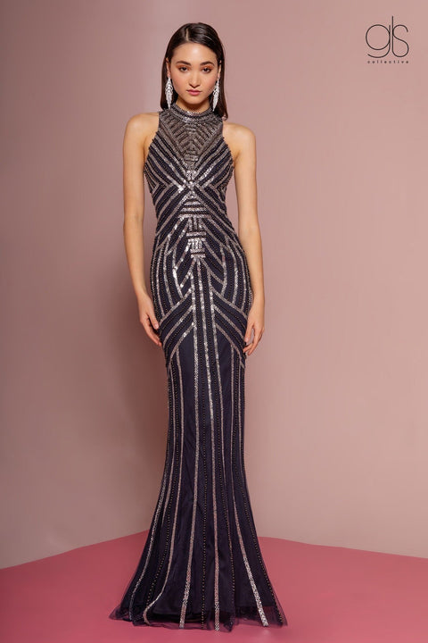 GLS Gloria GL2677's Trumpet Dress with Beaded High-Neck and Sheer Back
