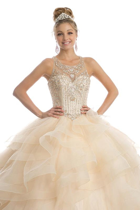 Sleeveless Ruffled Illusion Ball Gown by Juliet 1423