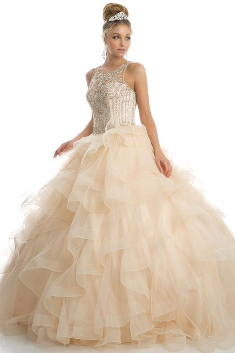 Sleeveless Ruffled Illusion Ball Gown by Juliet 1423