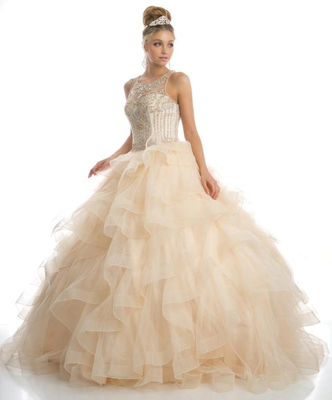 Sleeveless Ruffled Illusion Ball Gown by Juliet 1423