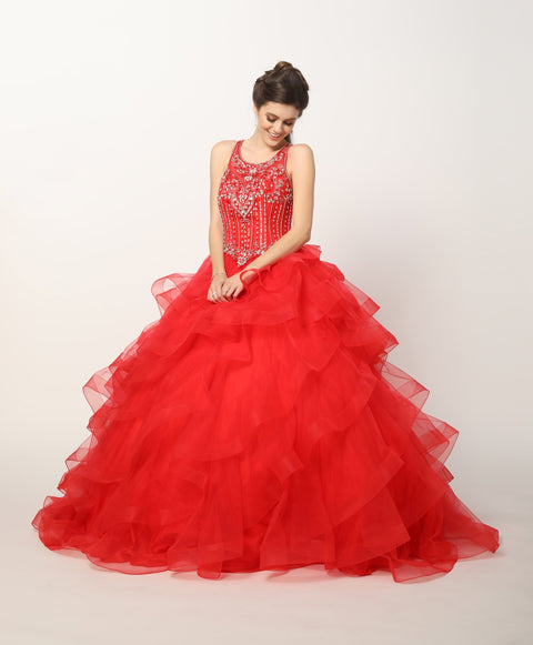 Sleeveless Ruffled Illusion Ball Gown by Juliet 1423