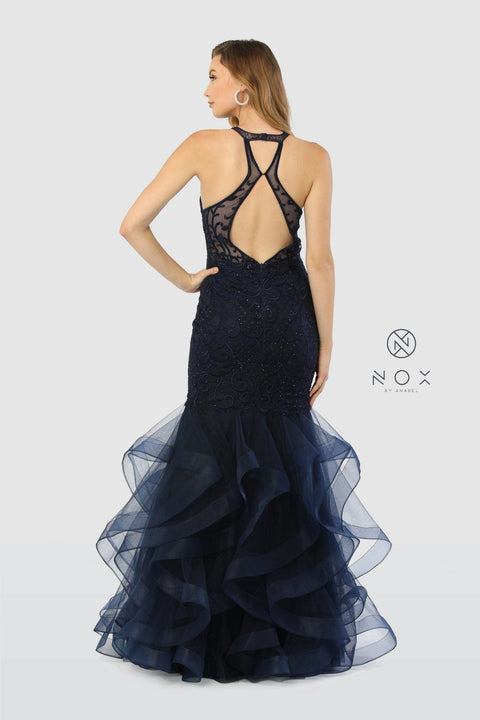 Beaded Halter Lace Mermaid Dress with Ruffled Tulle Skirt by Nox Anabel M189
