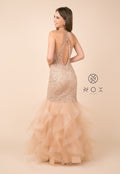 Beaded Halter Lace Mermaid Dress with Ruffled Tulle Skirt by Nox Anabel M189