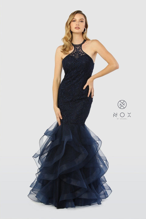 Beaded Halter Lace Mermaid Dress with Ruffled Tulle Skirt by Nox Anabel M189
