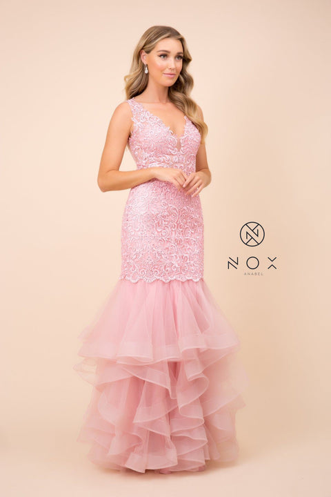 Ruffled Mermaid Dress with Beaded Lace by Nox Anabel A059