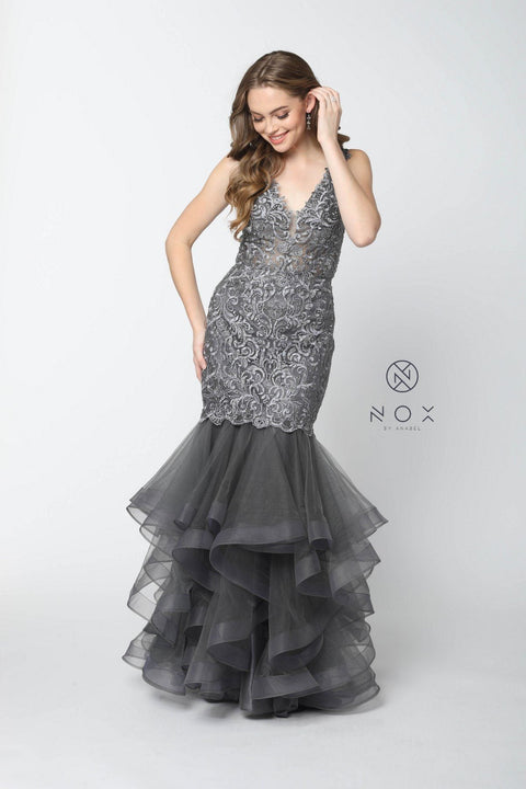 Ruffled Mermaid Dress with Beaded Lace by Nox Anabel A059