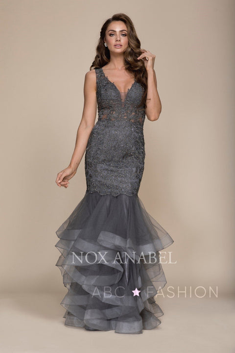 Ruffled Mermaid Dress with Beaded Lace by Nox Anabel A059