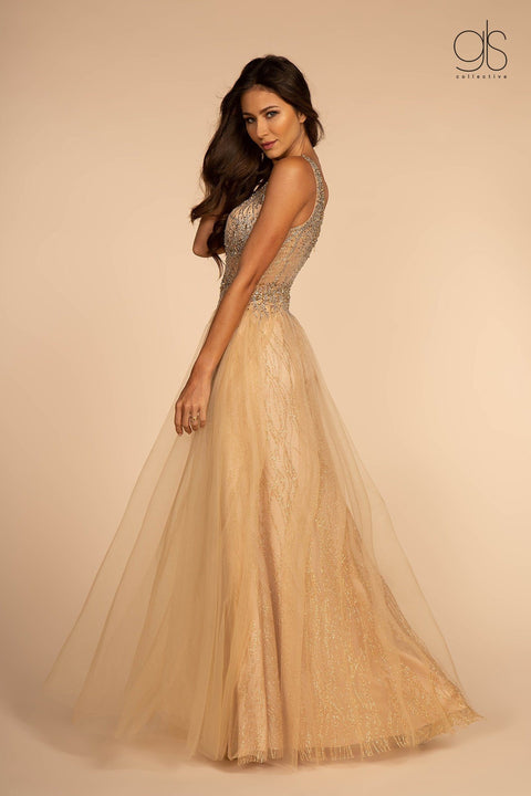 Beaded Long Glitter Sheer V-Neck Dress by Elizabeth K GL2618