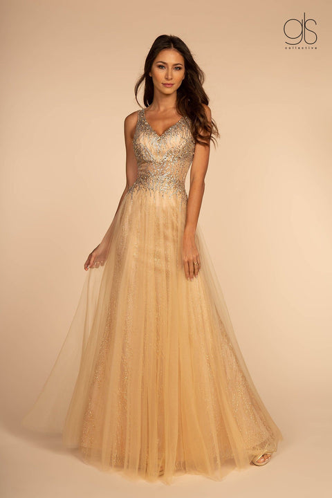 Beaded Long Glitter Sheer V-Neck Dress by Elizabeth K GL2618