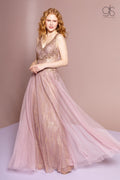 Beaded Long Glitter Sheer V-Neck Dress by Elizabeth K GL2618
