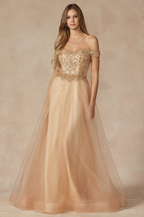 Juliet 287's A-line Gown with Beaded Off-Shoulder Design