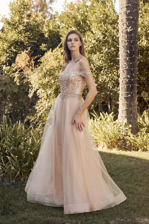 Juliet 287's A-line Gown with Beaded Off-Shoulder Design