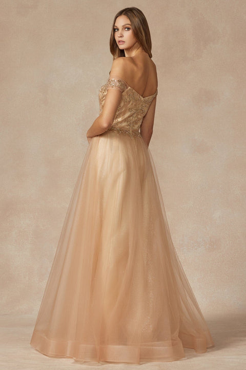 Juliet 287's A-line Gown with Beaded Off-Shoulder Design