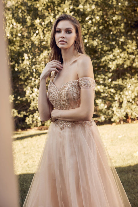 Juliet 287's A-line Gown with Beaded Off-Shoulder Design