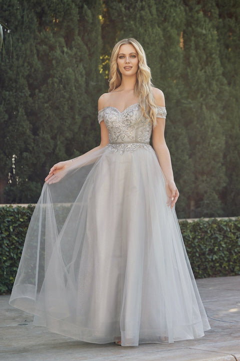 Juliet 287's A-line Gown with Beaded Off-Shoulder Design