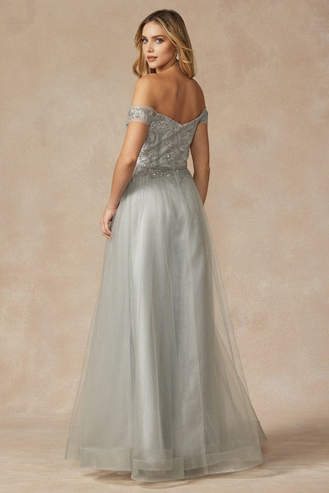 Juliet 287's A-line Gown with Beaded Off-Shoulder Design