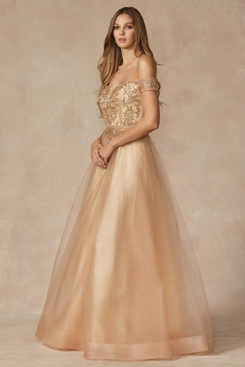 Juliet 287's A-line Gown with Beaded Off-Shoulder Design