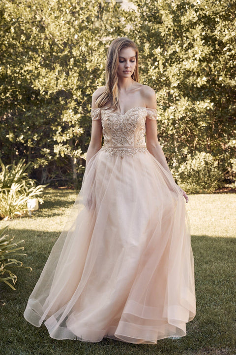 Juliet 287's A-line Gown with Beaded Off-Shoulder Design