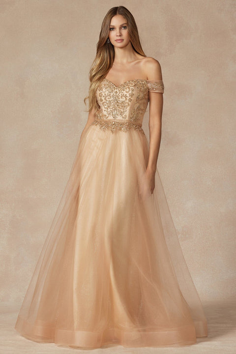 Juliet 287's A-line Gown with Beaded Off-Shoulder Design