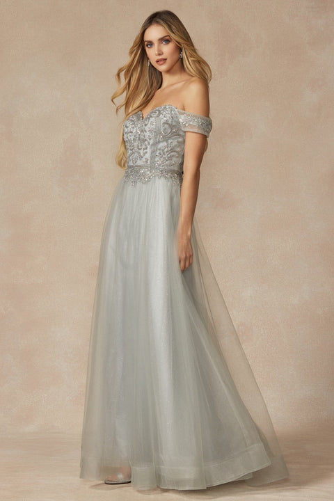 Juliet 287's A-line Gown with Beaded Off-Shoulder Design