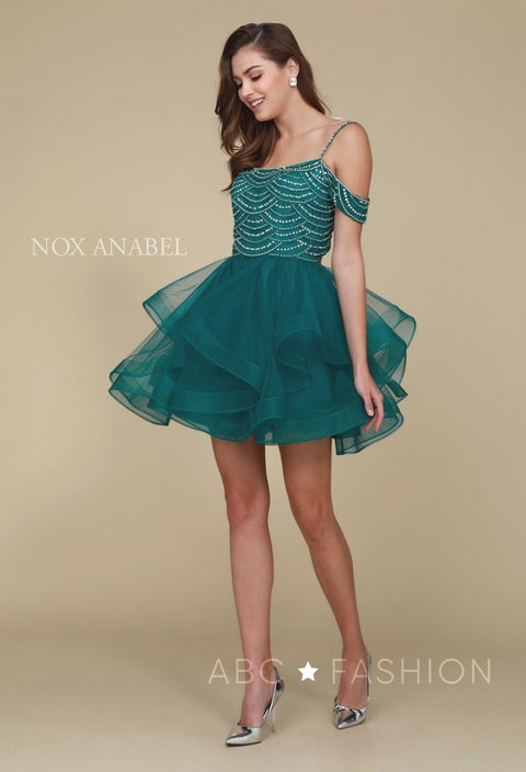Short Cold Shoulder Dress with Tiered Skirt and Beads by Nox Anabel T668