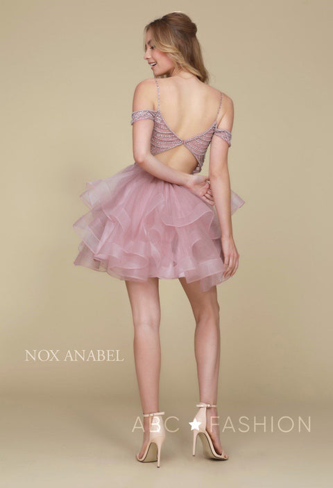 Short Cold Shoulder Dress with Tiered Skirt and Beads by Nox Anabel T668