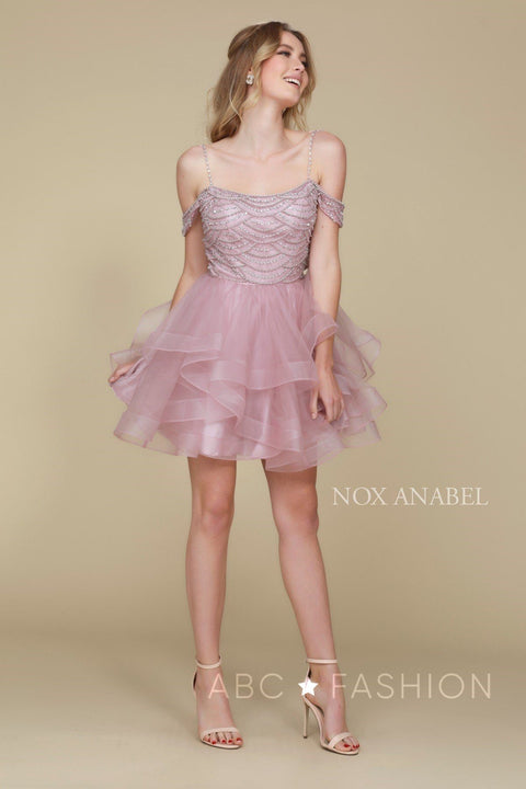 Short Cold Shoulder Dress with Tiered Skirt and Beads by Nox Anabel T668