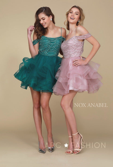 Short Cold Shoulder Dress with Tiered Skirt and Beads by Nox Anabel T668