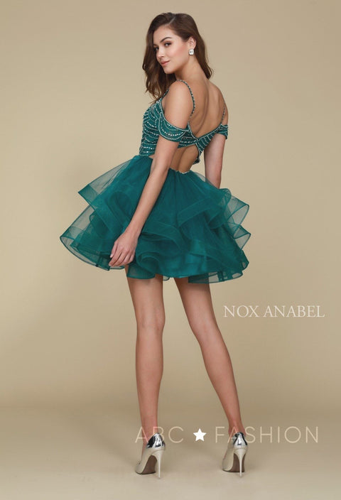 Short Cold Shoulder Dress with Tiered Skirt and Beads by Nox Anabel T668