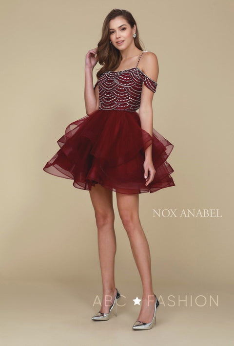 Short Cold Shoulder Dress with Tiered Skirt and Beads by Nox Anabel T668