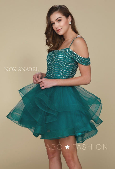 Short Cold Shoulder Dress with Tiered Skirt and Beads by Nox Anabel T668