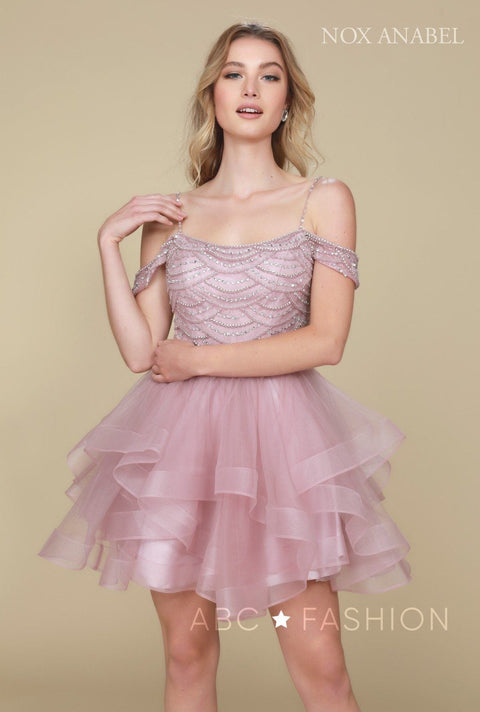 Short Cold Shoulder Dress with Tiered Skirt and Beads by Nox Anabel T668