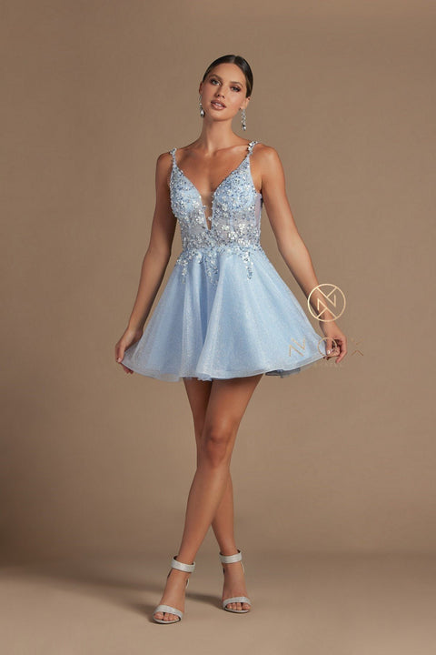 Short Illusion V-Neck Dress with Beads by Nox Anabel E711