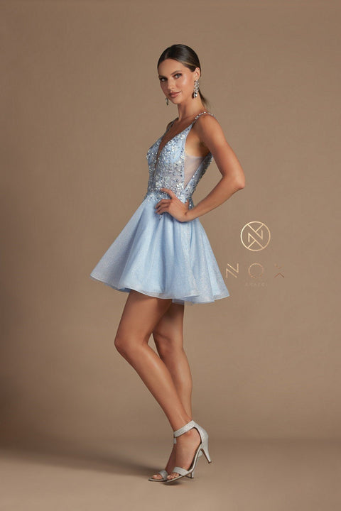 Short Illusion V-Neck Dress with Beads by Nox Anabel E711