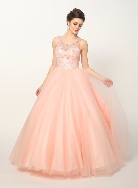 Sleeveless Beaded Illusion Ball Gown by Juliet 1417