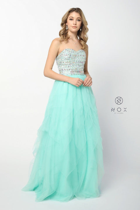 Strapless Sweetheart Gown with Tiered Skirt and Beads by Nox Anabel 2740