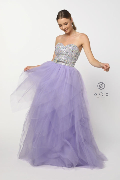 Strapless Sweetheart Gown with Tiered Skirt and Beads by Nox Anabel 2740