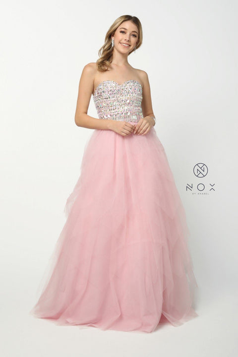 Strapless Sweetheart Gown with Tiered Skirt and Beads by Nox Anabel 2740