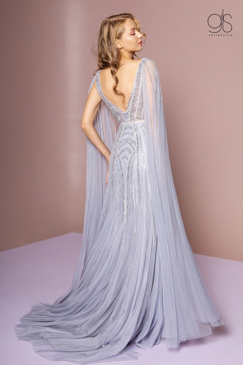 Beaded V-Neck Tulle A-line Grecian Dress by GLS Gloria GL2699