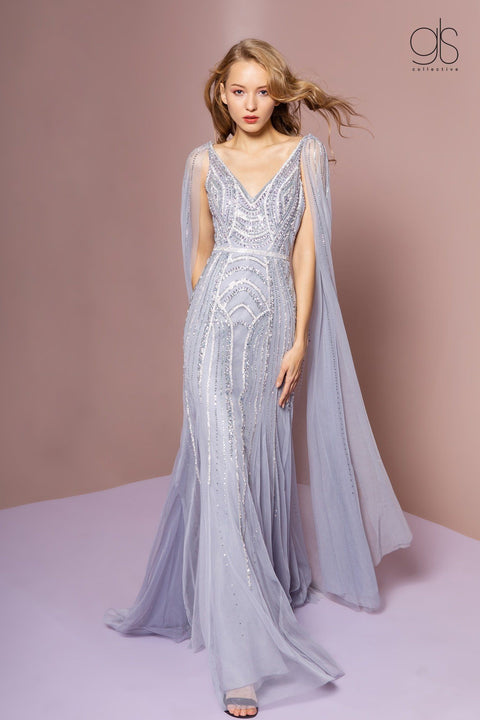 Beaded V-Neck Tulle A-line Grecian Dress by GLS Gloria GL2699