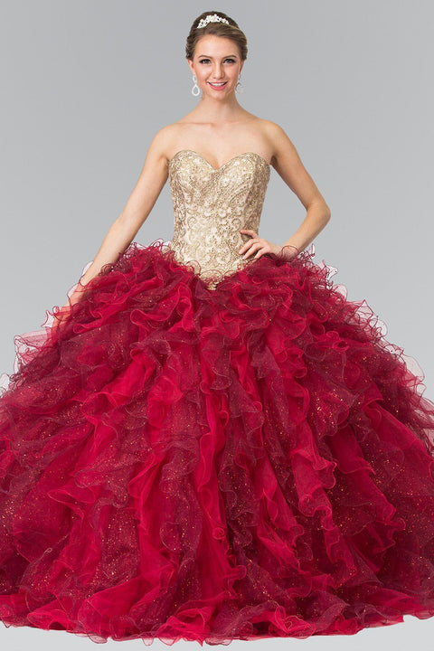 Elizabeth K GL2211's Strapless Burgundy Ballgown with Ruffled Detail