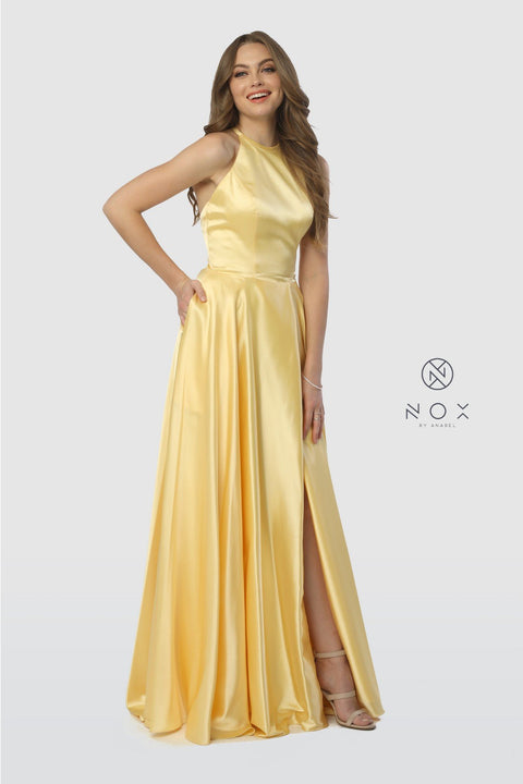 Gorgeous Satin Dress with Side Slit and Pockets_C209 by Nox Anabel